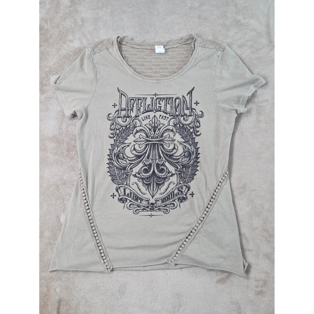 Affliction "lost Souls" Shirt Tops Womens XL Beige vintage Cotton Short sleeve